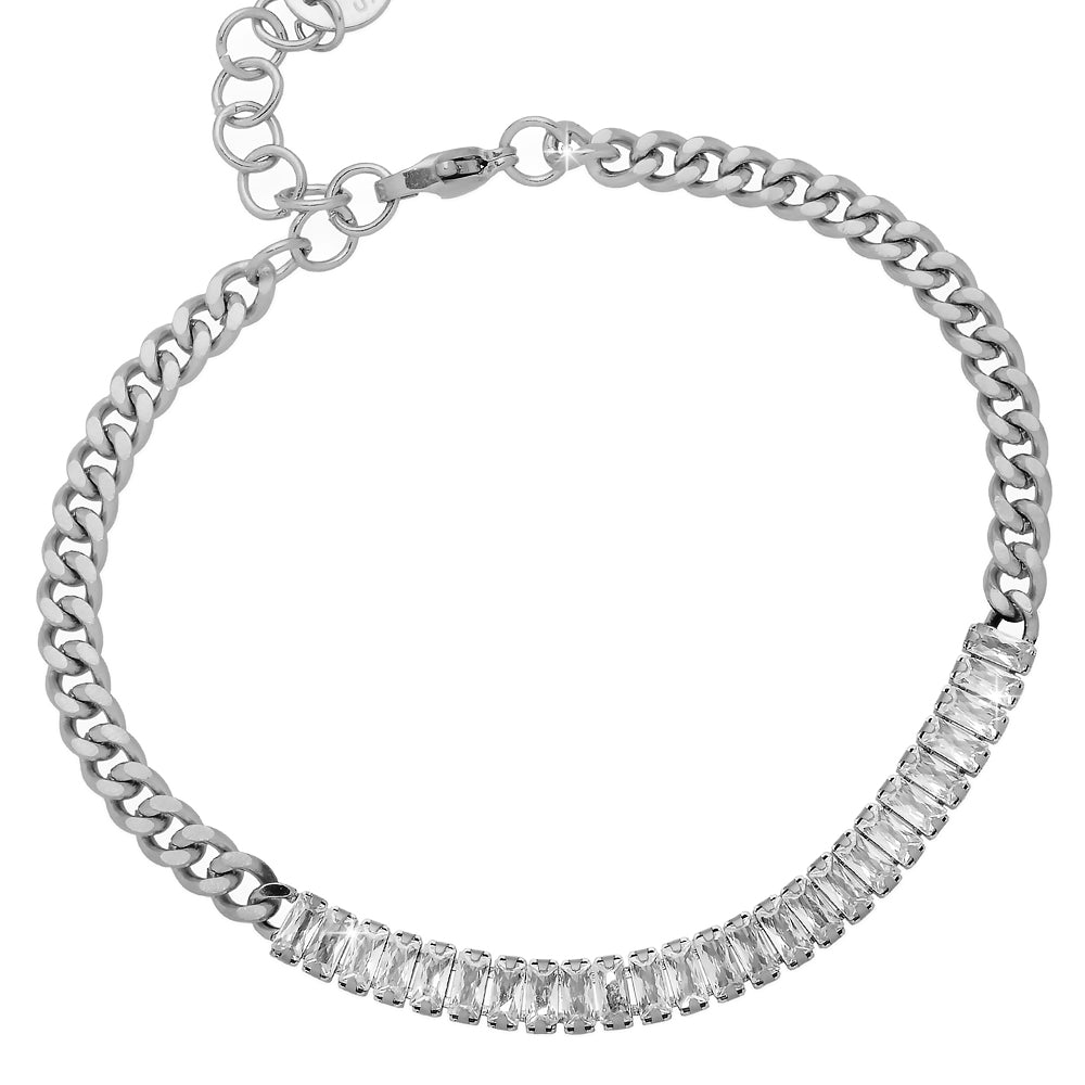 Bracciale Catena Groumette in Acciaio con Cristalli Baguette - Silver