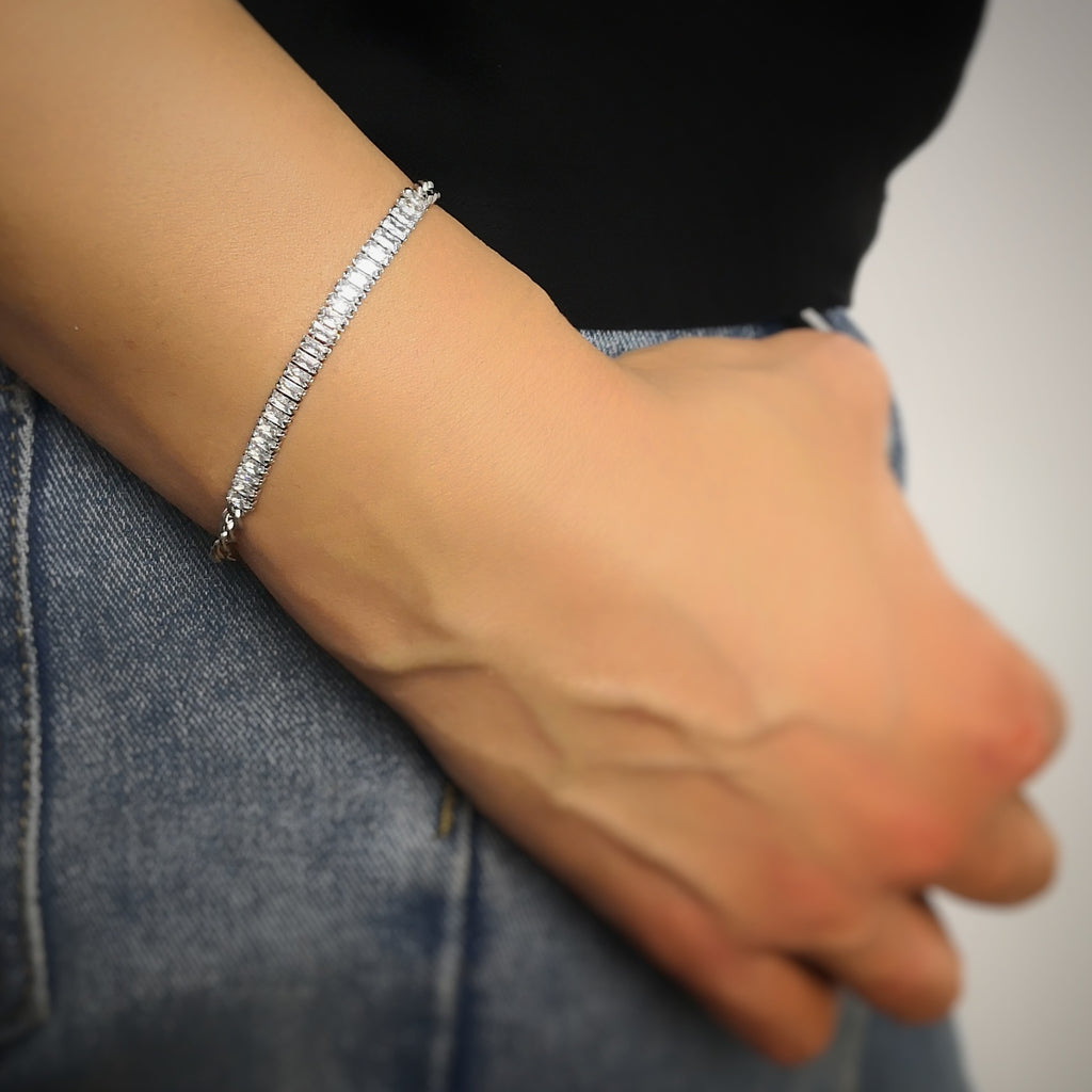 Bracciale Catena Groumette in Acciaio con Cristalli Baguette - Silver