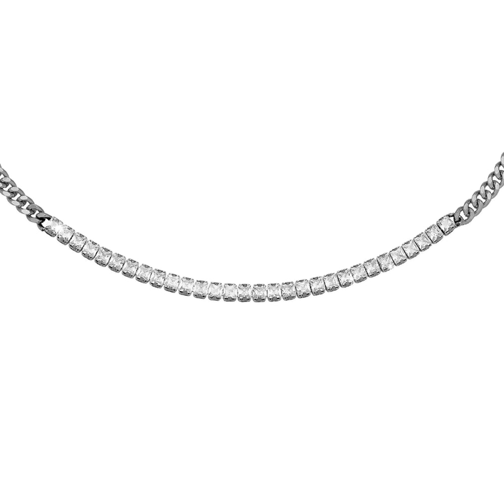 Collana Catena Groumette in Acciaio con Cristalli Squared - Silver