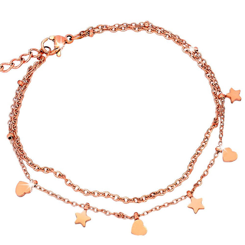 Bracciale due file in acciaio con charms pendenti rose gold - Stelle e cuori -Beloved_gioielli